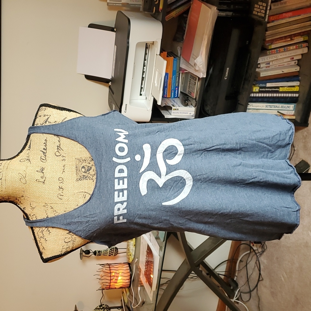 Super Love Tees heathered denim blue racerback tank top. Says FREED(OM)